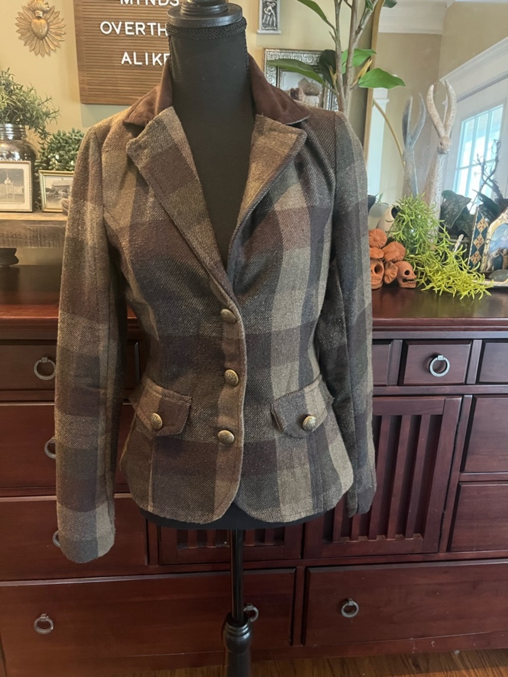 ModCloth Ashley By 26 International Brown and Green Plaid Tailored Blazer